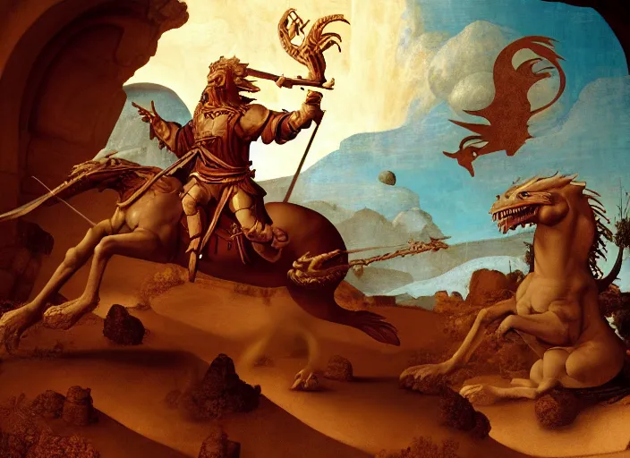 Prompt: stylized painting saint george slaying a dragon on the moon, renaissance painting, leonardo da vinci, raphael, artgerm, dungeons and dragons, photorealism, hyperrealism, octane render, unreal engine 5, light transport simulation