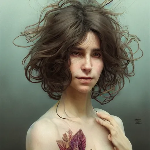 Image similar to portrait of a middle aged artsy woman, avangarde, unique, artistic soul, nature, plants, wool, upper body, long hair, intricate, elegant, highly detailed, digital painting, artstation, concept art, matte, sharp focus, illustration, art by artgerm and greg rutkowski and alphonse mucha