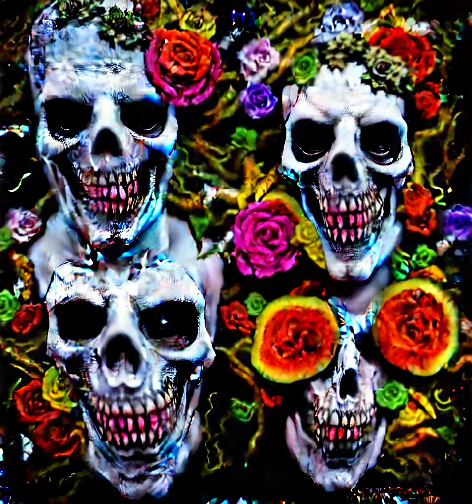 Prompt: zombie, punk rock, young male, death mask, grotesquerie, grotto, multicolored faces, fruit and flowers, gemstones for eyes, botanical, vanitas, sculptural, baroque, rococo, intricate detail, spiral, ornamental, kaleidoscopic, soft, elegant, beautiful