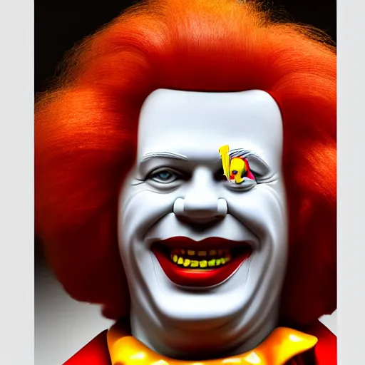 Image similar to photo portrait of ronald mcdonald with the face of gary busey, ronald mcdonald, realistic, hyperrealistic, 8 k resolution, hd quality, very detailed, highly detailed, intricate details, real life, real world, trending on artstation, digital art, really realistic, very realistic, headshot, head in frame, photograph, portrait