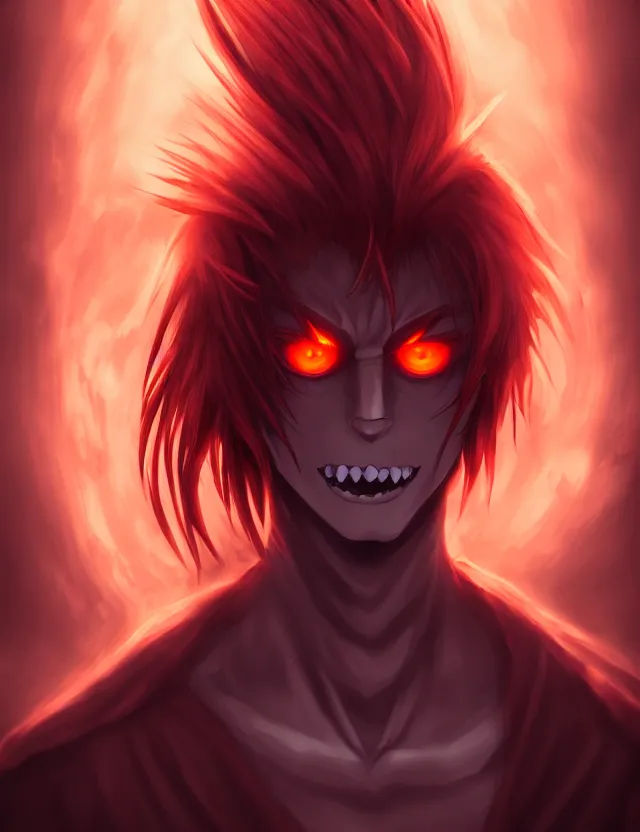 Image similar to a detailed manga portrait of a shadowy handsome demon boy with long crimson hair and glowing orange eyes and fangs, trending on artstation, digital art, 4 k resolution, detailed, high quality, sharp focus, hq artwork, coherent, insane detail, character portrait