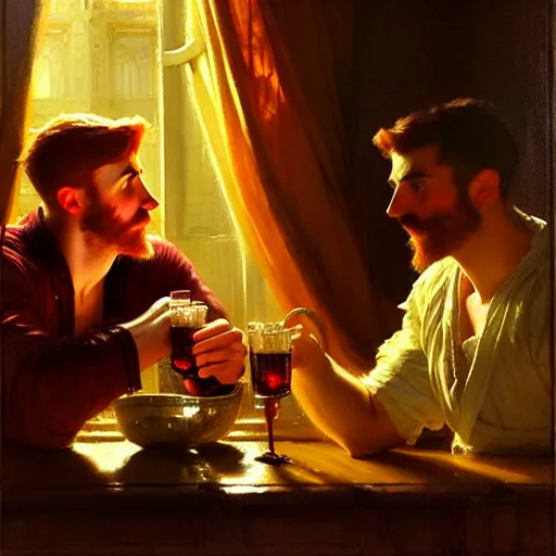 Image similar to attractive male mike and attractive male tyler, one is ginger and the other brunet, drinking their hearts out, in their noble mansion, at night. highly detailed painting by gaston bussiere, craig mullins, j. c. leyendecker 8 k