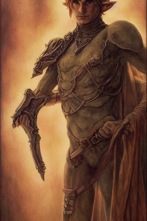 Image similar to a portrait of link from zelda in the style of wayne barlowe, gustav moreau, goward, bussiere, roberto ferri, santiago caruso, luis ricardo falero, austin osman spare