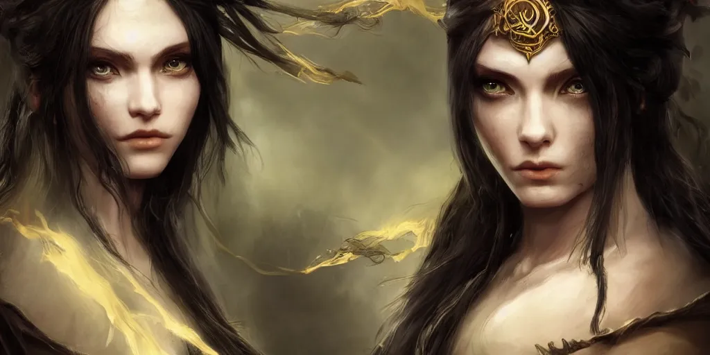 Prompt: a young beautiful priestess with long black hairweaving golden strings of magic, barroque painting, ultra realistic. cinematic, dynamic. magic the gathering style. epic fantasy, insanely detailed, 4k, symmetrical face, rpg character reference. gourgeous.