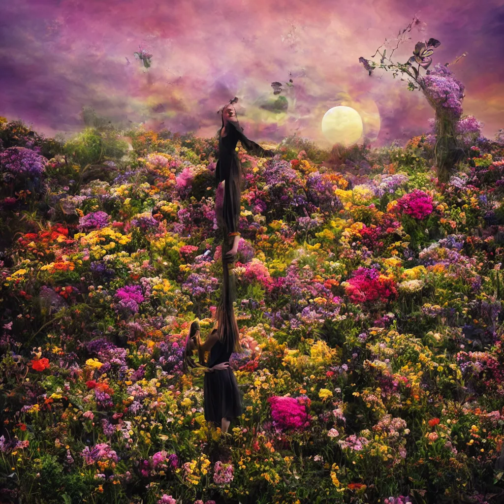 Image similar to a planet of various flowers, fungus and plants, in which the human figure is dressed in something magical and impressive, inside the picture is infinity, sunset light, Atmospheric phenomenon, artistic photography, muted colors, conceptual, long exposure outside the city