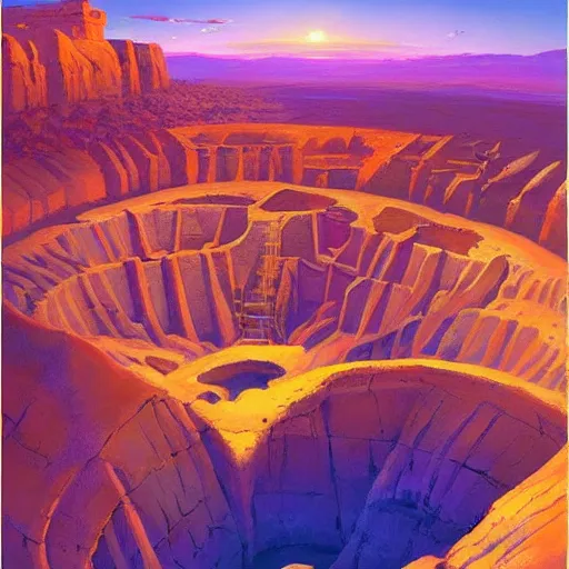 Prompt: deep diamond mining pit, lined with mesa verde dwellings, golden hour, by tyler edlin and rhads, bold colors, artstation