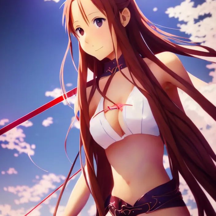 Prompt: very beautifu photo of asuna from sao, asuna by a - 1 pictures, by greg rutkowski, gil elvgren, enoch bolles, glossy skin, pearlescent, anime, maxim magazine, very coherent, mega detailed, 3 d render