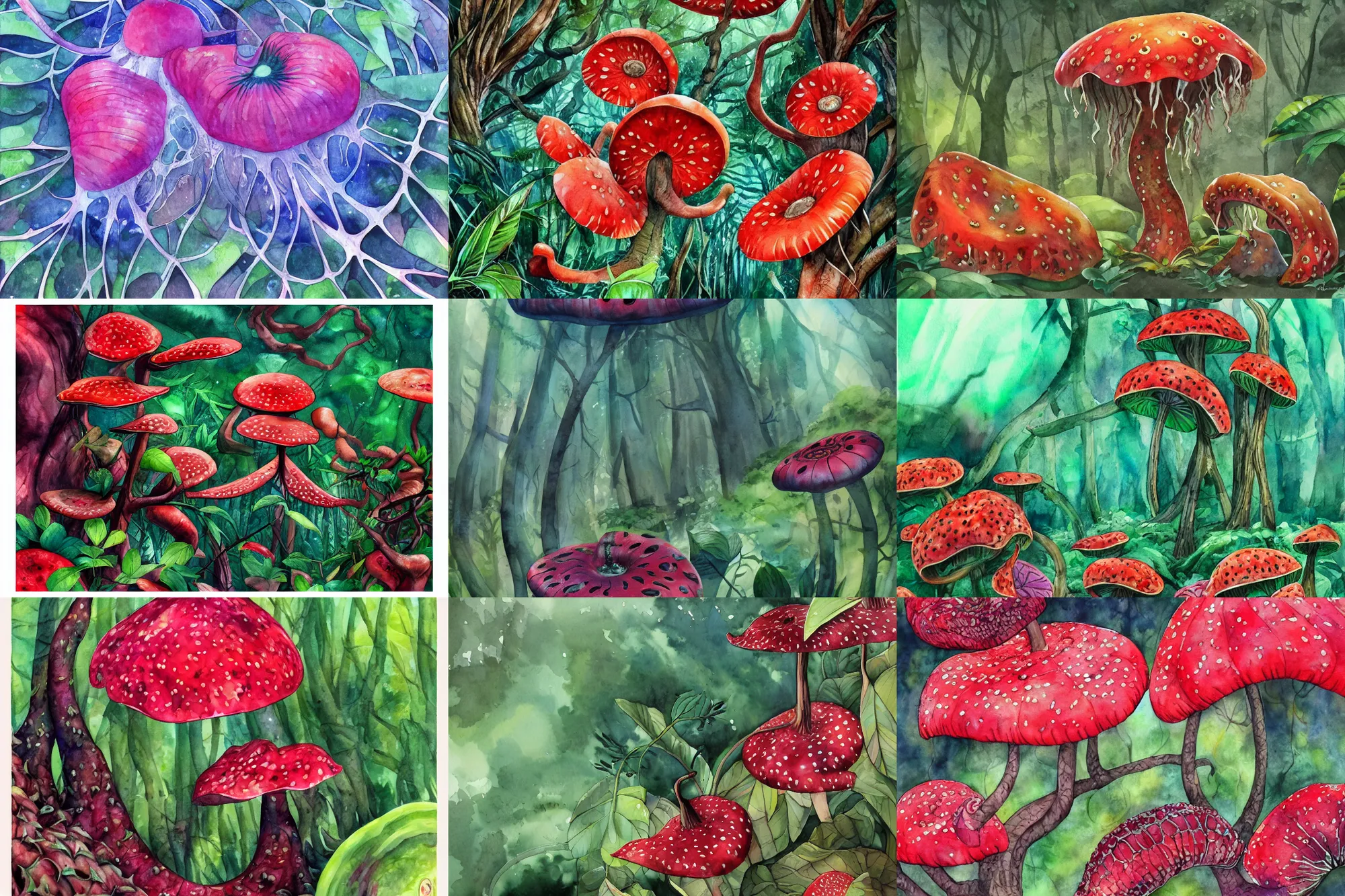 Prompt: rafflesia forest, high quality watercolors, award winning, trending on artstation