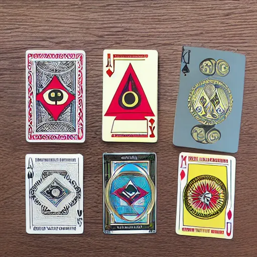 Image similar to full set of illuminati playing cards, tarot card design, product shot