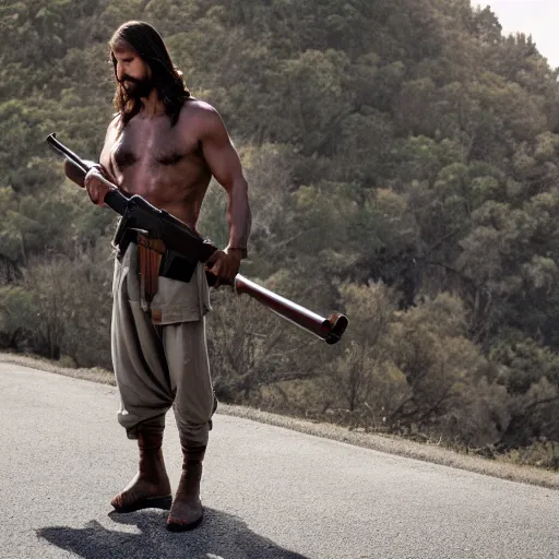 Prompt: Jesus Christ as Rambo holding a large gun with one hand, full body, photography, 4K