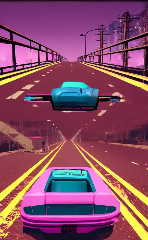 Image similar to pink or blue car on a bridge at midnight, full moon, SOMA game style, horror