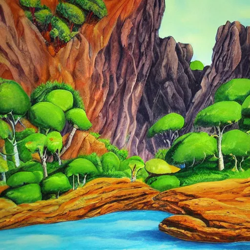 Image similar to painting of a lush natural scene on an alien planet by april m. rimpo. beautiful landscape. weird vegetation. cliffs and water.