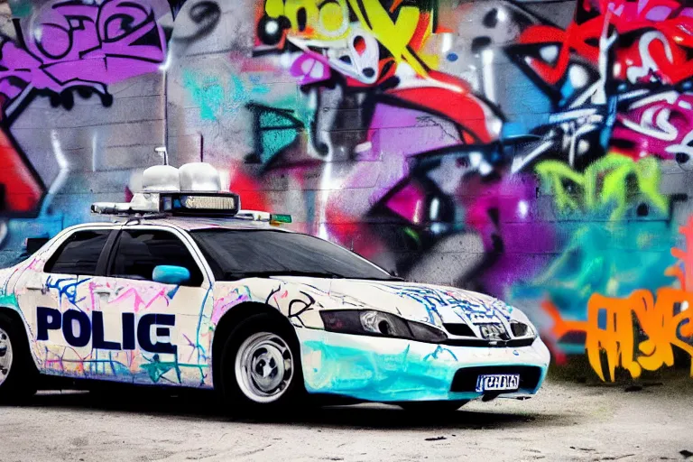 Image similar to a police car covered in graffiti by mia brownell, art by anna hotchkis, antonio saura, very detailed, maximalism, ambient occlusion, volumetric light, atmospheric haze, hyper realism, futuristic but colorful shading, cinematic composition, realistic render, photography, wide shot