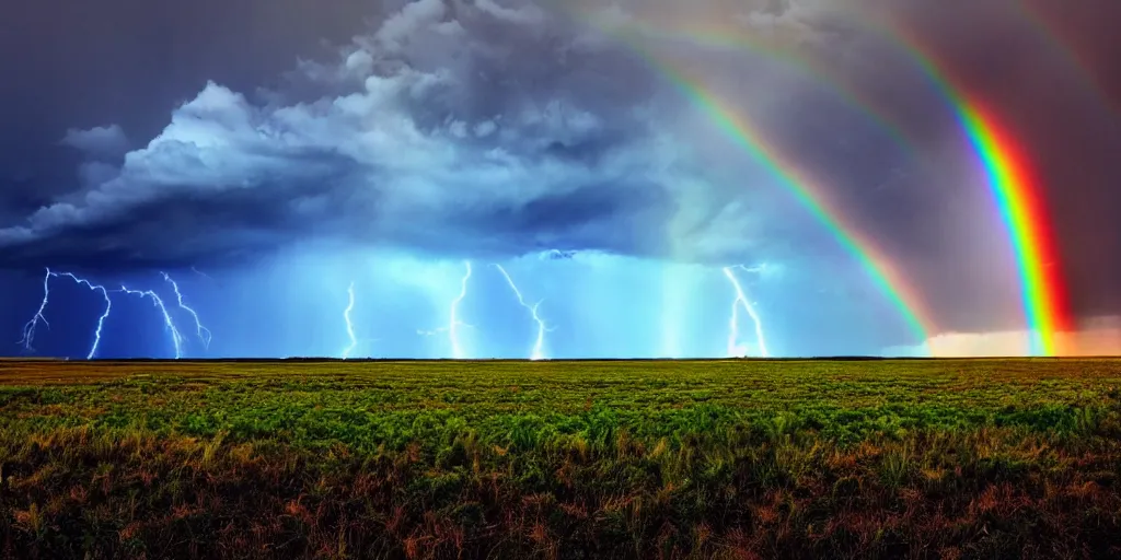 Prompt: detailed fields nature, super storm, full rainbow, impressive, atmospheric, god rays, cinematic, deep colors, deep blue, very high complexity, stunning, masterpiece, 3 5 mm, very detailed. 4 k