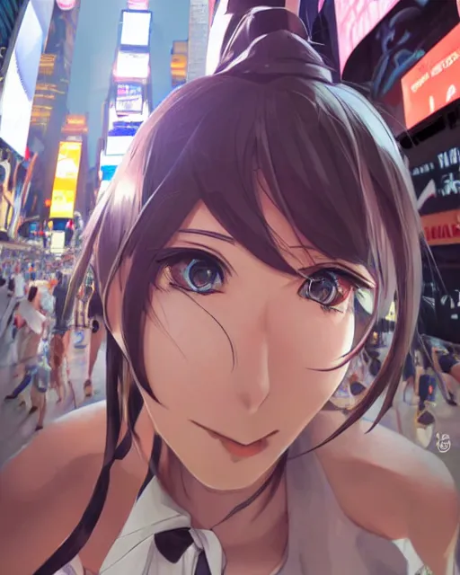 Prompt: a girl in times square, very sexy outfit, very anime, medium shot, visible face, detailed face, perfectly shaded, atmospheric lighting, by makoto shinkai, stanley artgerm lau, wlop, rossdraws