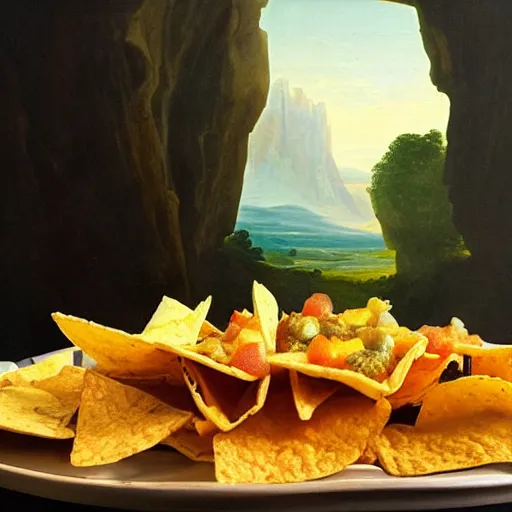 Prompt: a plate of nachos reflecting the surroundings in a cave, renaissance painting, hyperrealistic