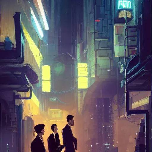 Prompt: two businessman talking, detailed digital illustration by greg rutkowski, cyberpunk back alley, nighttime, colorful lighting