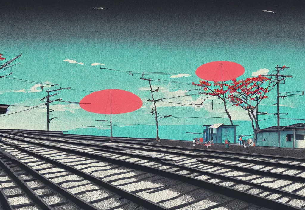 Prompt: low angle seaside landscape train rural japan, a collage painting, in the style of wes anderson, lola dupre, david hockney, isolated on negative white space background dark monochrome fluorescent neon spraypaint accents volumetric octane render