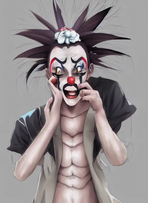 Image similar to portrait of the depressed clown removing his makeup, anime fantasy illustration by tomoyuki yamasaki, kyoto studio, madhouse, ufotable, trending on artstation