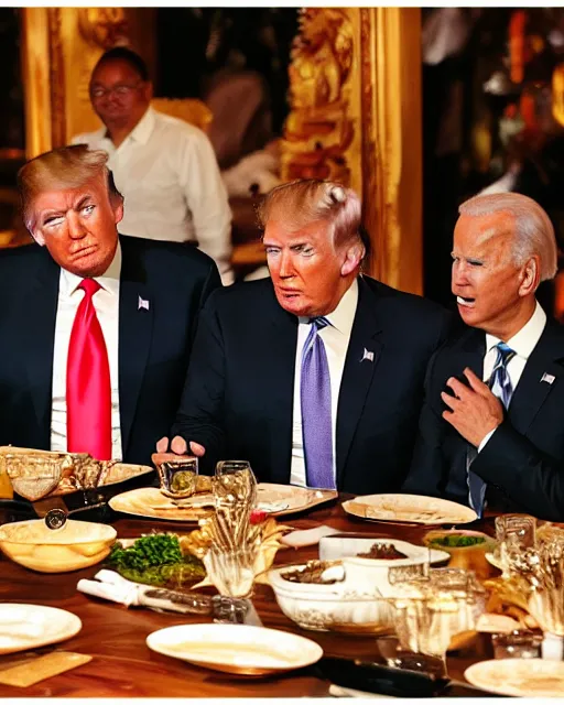 Image similar to Trump and Biden having dinner at a fancy Balinese restaurant, award winning photography, 85mm, perfect faces