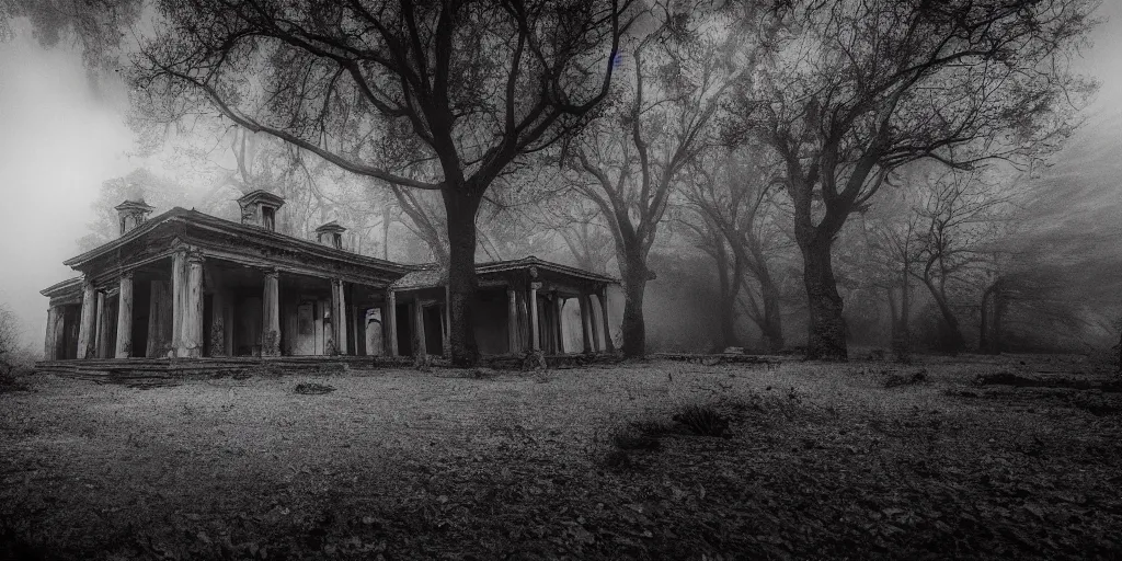 Image similar to a haunted old villa in the middle of an ancient forest, ominous Sky, gloomy atmosphere, cinematic, mist, High definition, 8k, ultra detailed