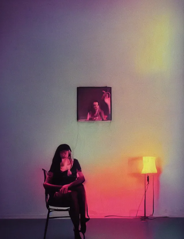 Image similar to woman in dark room sitting on a chair infront of tv, blue rays from tv, redshift, wide shot, coloured polaroid photograph, pastel, kodak film, hyper real, stunning moody cinematography, by maripol, fallen angels by wong kar - wai, style of suspiria and neon demon, david hockney, detailed, oil on canvas