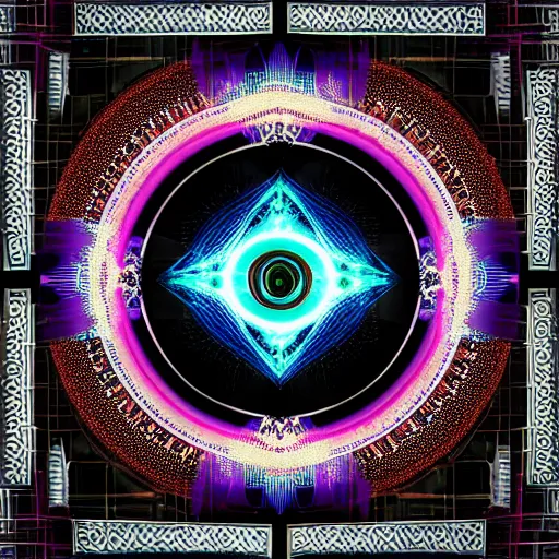 Image similar to a cibernetic artwork of a futuristic sound design superstar, centered image, with frames made of detailed fractals