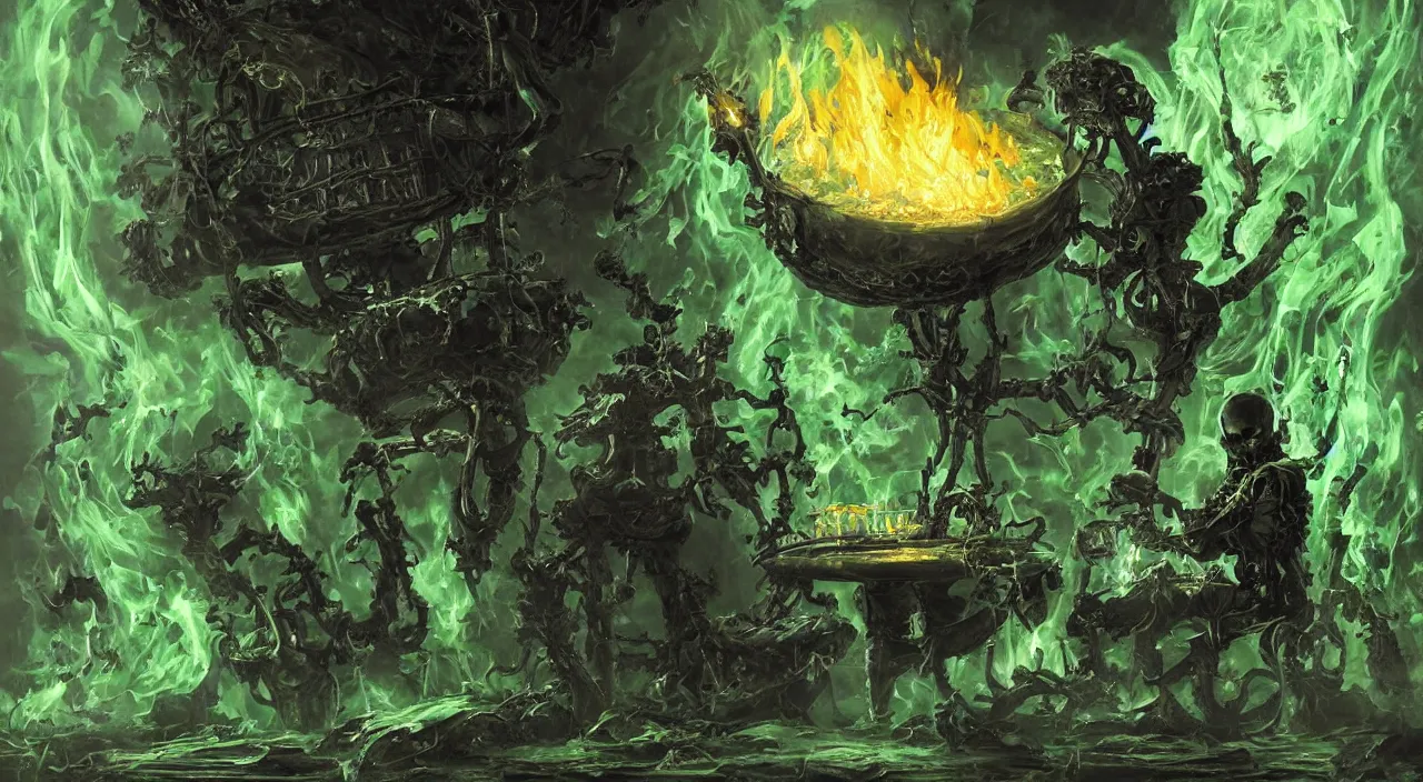 Image similar to A highly detailed oil painting by Greg Rutkowski of a skeleton wearing black robes making a potion in a huge bubbling cauldron glowing bright green, with lots of fire coming from it, highly detailed fantasy concept artwork, very realistic, green and black color scheme, graffiti.