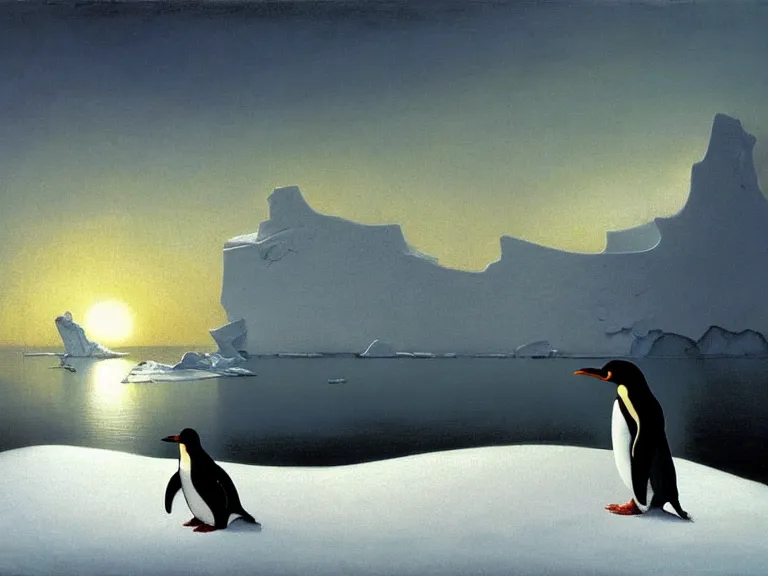 Image similar to an oil painting of a penguin playing in pure white snow on an iceberg in a serene ocean at dusk. aurora. by tuomas korpi moebius and carl spitzweg. baroque elements. intricate artwork by caravaggio. oil painting. oil on canvas. award winning. dramatic. trending on artstation. 8 k