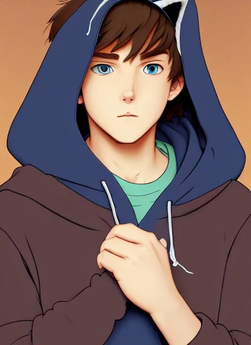 Image similar to teen boy with brown hair and big blue eyes, wearing a black hoodie with cat ears on top of it, natural lighting, path traced, highly detailed, high quality, cartoon, digital painting, by don bluth and ross tran and studio ghibli and alphonse mucha