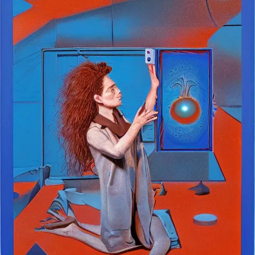 Prompt: A performance art. A rip in spacetime. Did this device in her hand open a portal to another dimension or reality?! warm blue by Robert Williams unified, depressing