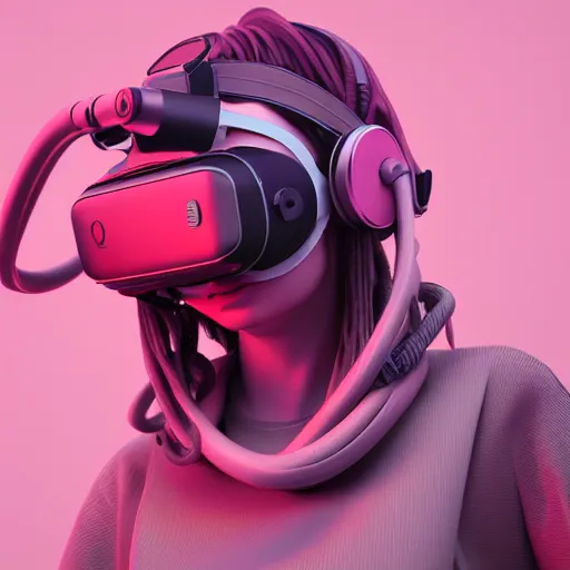 Prompt: intense futuristic bespoke vr headset respirator with long cables like dreadlocks on a set of twin humble hypebeasts, by ilya kuvshinov and james jean and sorayama and ikeuchi and hyein seo and hiroya oku and gilleard james, artstation trending, 8 k, 3 d render, photorealistic, volumetric lighting caustics, pink