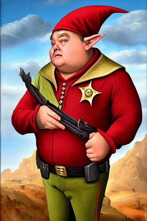 Prompt: high fantasy elf mall cop with a sheriff's badge that is fat, shifty, 1500s Oil Painting, Carvagio, RPG portrait, 8K digital scan