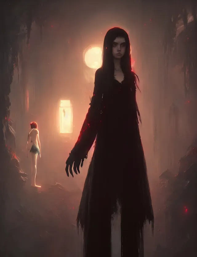 Image similar to gentle vampire, slender girl, wonderful eyes, 8 k hd, unreal engine, octane visualization in the artistic style of finnian mcmanus, john park and greg rutkowski, shining light, detailed and complex environment, art station trends, beautiful colors