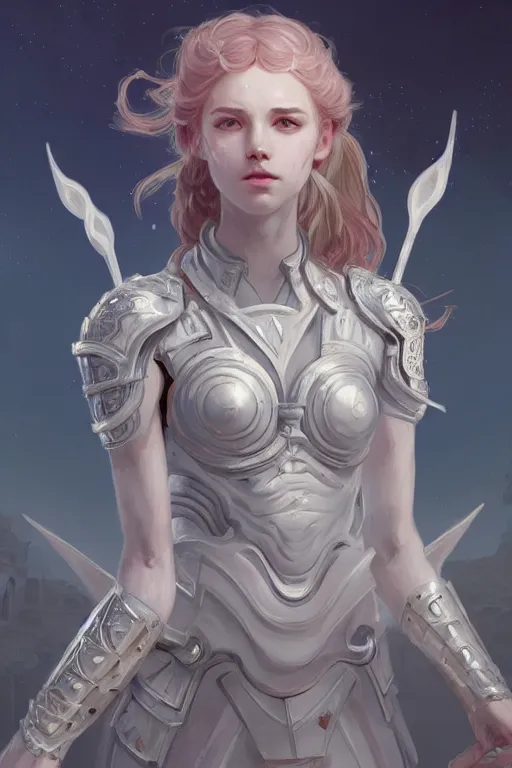 Image similar to portrait young knights of Zodiac girl, matt white color armor, in ruined Agora of Athens Sunrise, ssci-fi and fantasy, intricate and very beautiful and elegant, highly detailed, digital painting, artstation, concept art, smooth and sharp focus, illustration, art by tian zi and WLOP and alphonse mucha