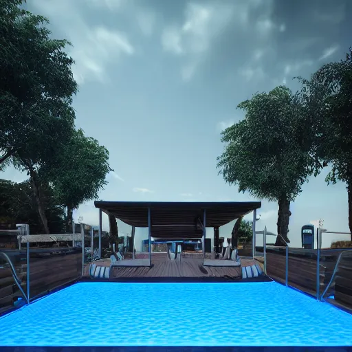 Image similar to a bar made with translucid fabric, swimming pool in front, parametric, blue hour, hyperrealistic, elevation, vray, unreal engine, trending on artstation