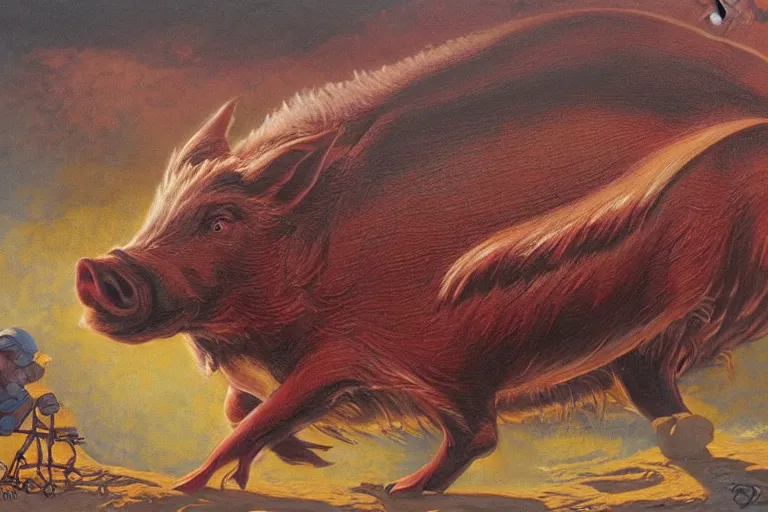 Prompt: pierre de jaumont merregon red river hog, art by mike ploog and darrell k. sweet and brothers hildebrandt, trending on artstation, halfrear lighting microscopic view oil and canvas, hyperrealism, chalk art, splash art, line drawing