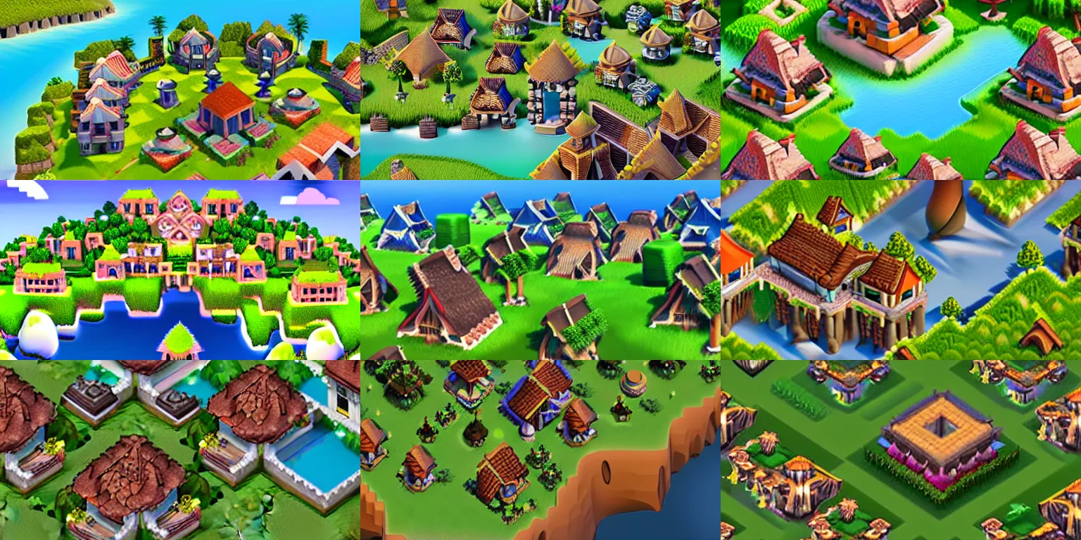 Prompt: aerial view of village on island in the style of clash of clans, artwork, ultra realistic concept art