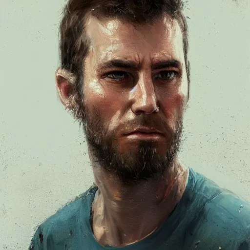 Prompt: Portrait of a man by Greg Rutkowski, he is about 30 years old, Nordic and Hebrew factions, messy brown short hair, strong, tired expression, father figure image, he is wearing a aegean blue utilitarian jumpsuit, highly detailed portrait, scifi, digital painting, artstation, concept art, smooth, sharp foccus ilustration, Artstation HQ.