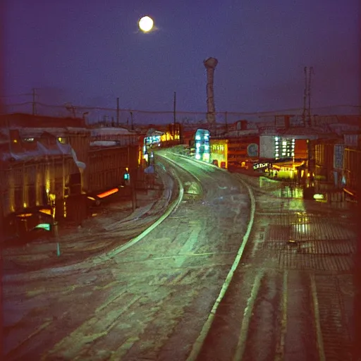 Image similar to close up kodak portra 4 0 0 photograph of futuristic street of norilsk russian city, moon orbit, moody lighting, telephoto