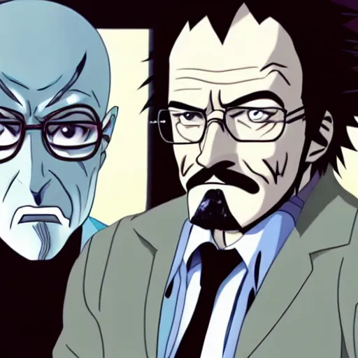 Prompt: Walter white from Breaking Bad speaking with Ryuk from death note, anime