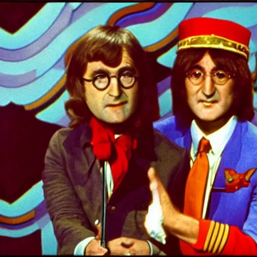 Prompt: on the full color tv set of captain kangaroo, john lennon is guest starring as the host, 7 0 s color grade