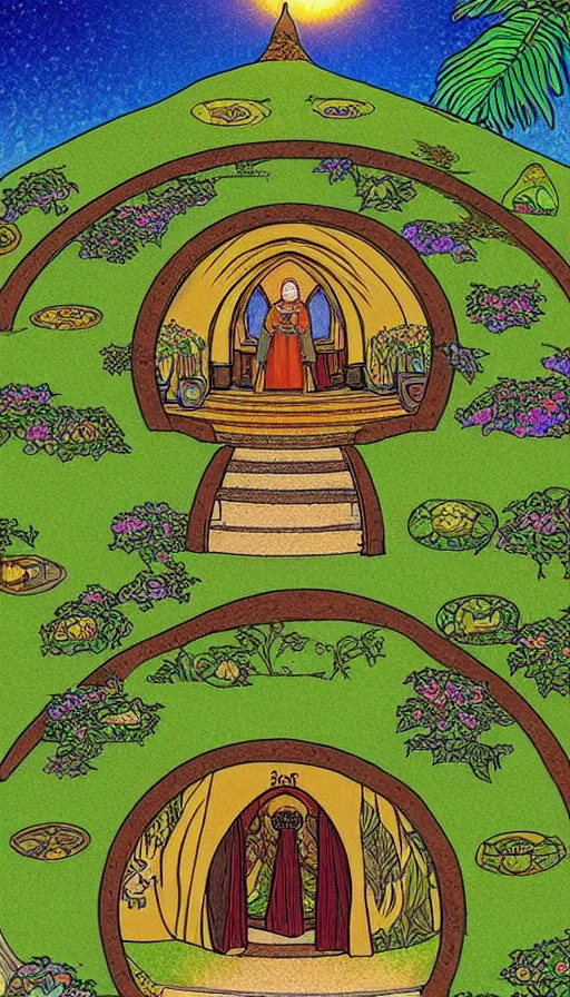 Image similar to hobbit monastery on hawaii, solarpunk, permaculture, by ivan bilibin,