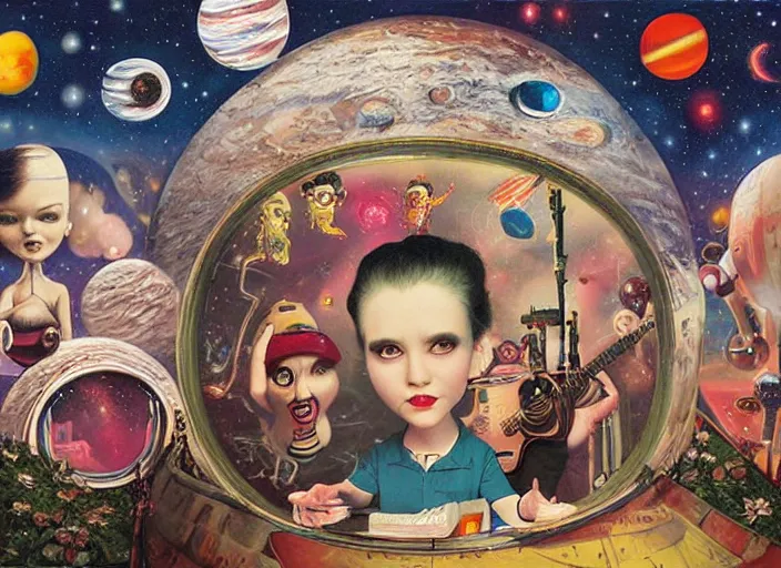 Prompt: the space band, lowbrow, matte painting, 3 - d highly detailed, in the style of mark ryden,