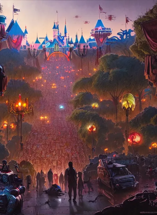 Image similar to masterpiece concept art, disneyland overun by zombies, by greg rutkowski and geof darrow, 8 k, intricate detail, cinematic lighting