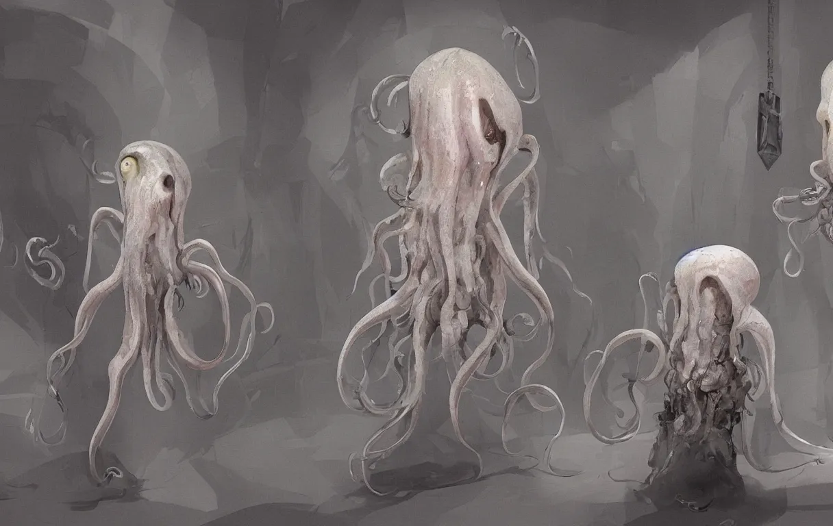 Prompt: humanoid squid with grey skin in robes looking at the viewer, concept art by jama jurabaev