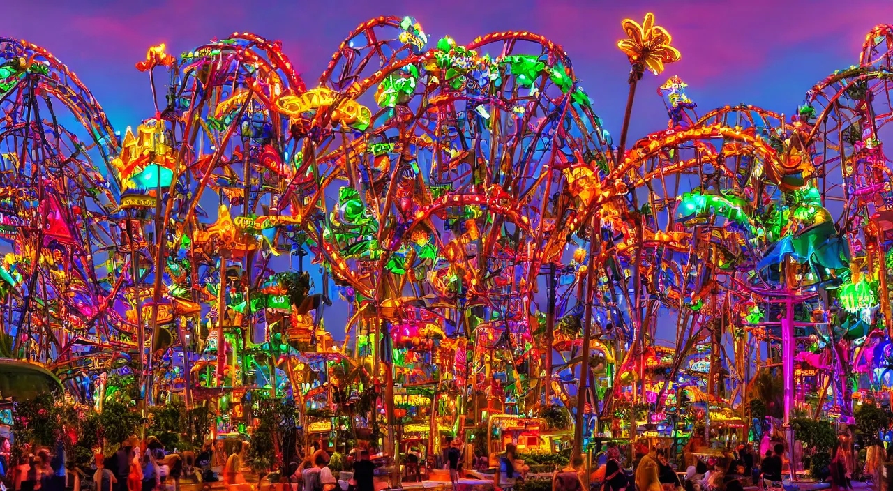 Prompt: A magical and highly technological amusement park at twilight, colorful, dark, highly detailed