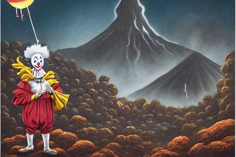 Prompt: pennywise as pulcinella!!! holding a large pizza!!, volcano in background, dark sky, smoke, glowing pools of lava, an ultrafine detailed painting by joe fenton, full body, wide angle, post - apocalyptic vibe, pop surrealism, sharp focus, whimsical, lowbrow, perfect symmetrical face, masterpiece, hyperrealistic, trending on deviantart