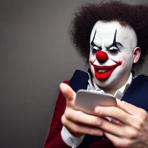 Prompt: a clown mad and texting on his phone