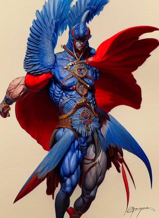 Image similar to portrait of aggressive pigeon humanoid, d & d, muscular! blue and red, fantasy, intricate, elegant, highly detailed, digital painting, artstation, concept art, smooth, sharp focus, illustration, art by artgerm and greg rutkowski and alphonse mucha